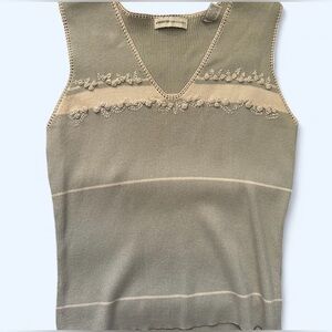 Vintage Silk Blend Green and Tan Floral Embroidered V-Neck Blouse Size M